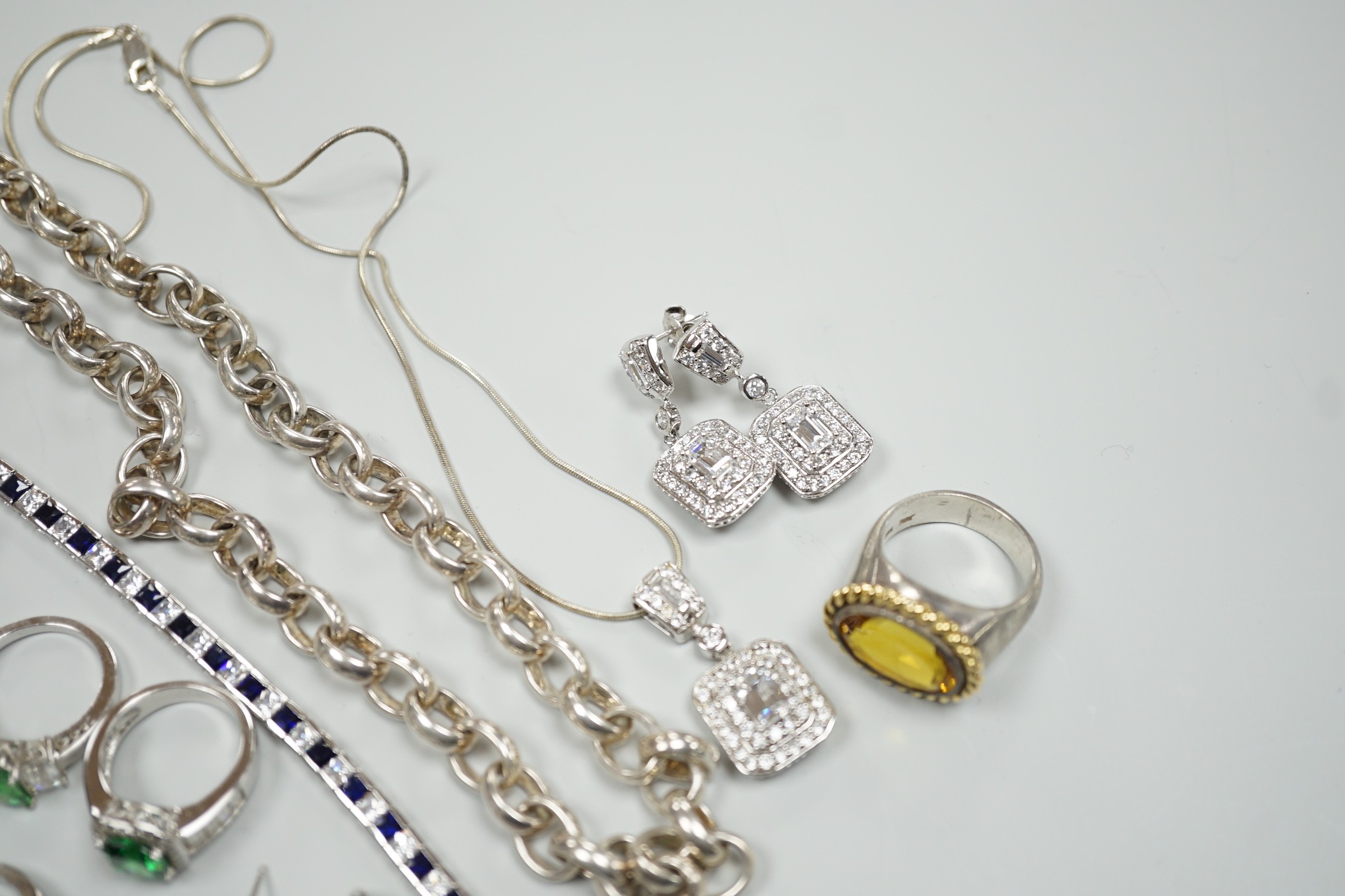 A group of assorted mainly 925 and cubic zirconia set jewellery including rings, earrings bracelet etc. and a 925 necklace.